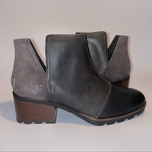 Sorel Cate Cut Out Ankle Boots Block Heel Quarry - Picture 1 of 7